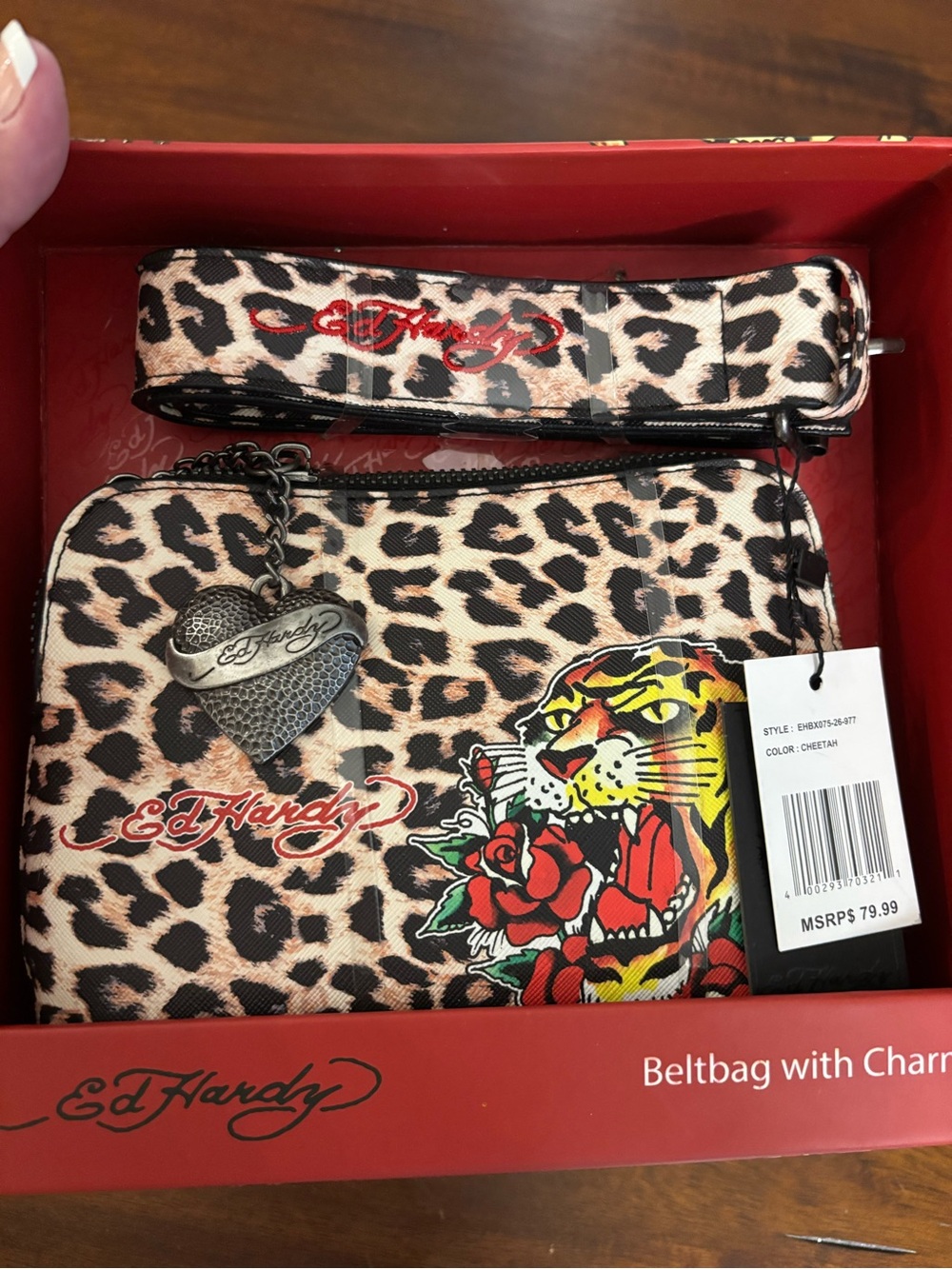 Ed Hardy Leopard Print Mini Belt Bag with Tiger & Rose Graphic - Red/Black/Tan